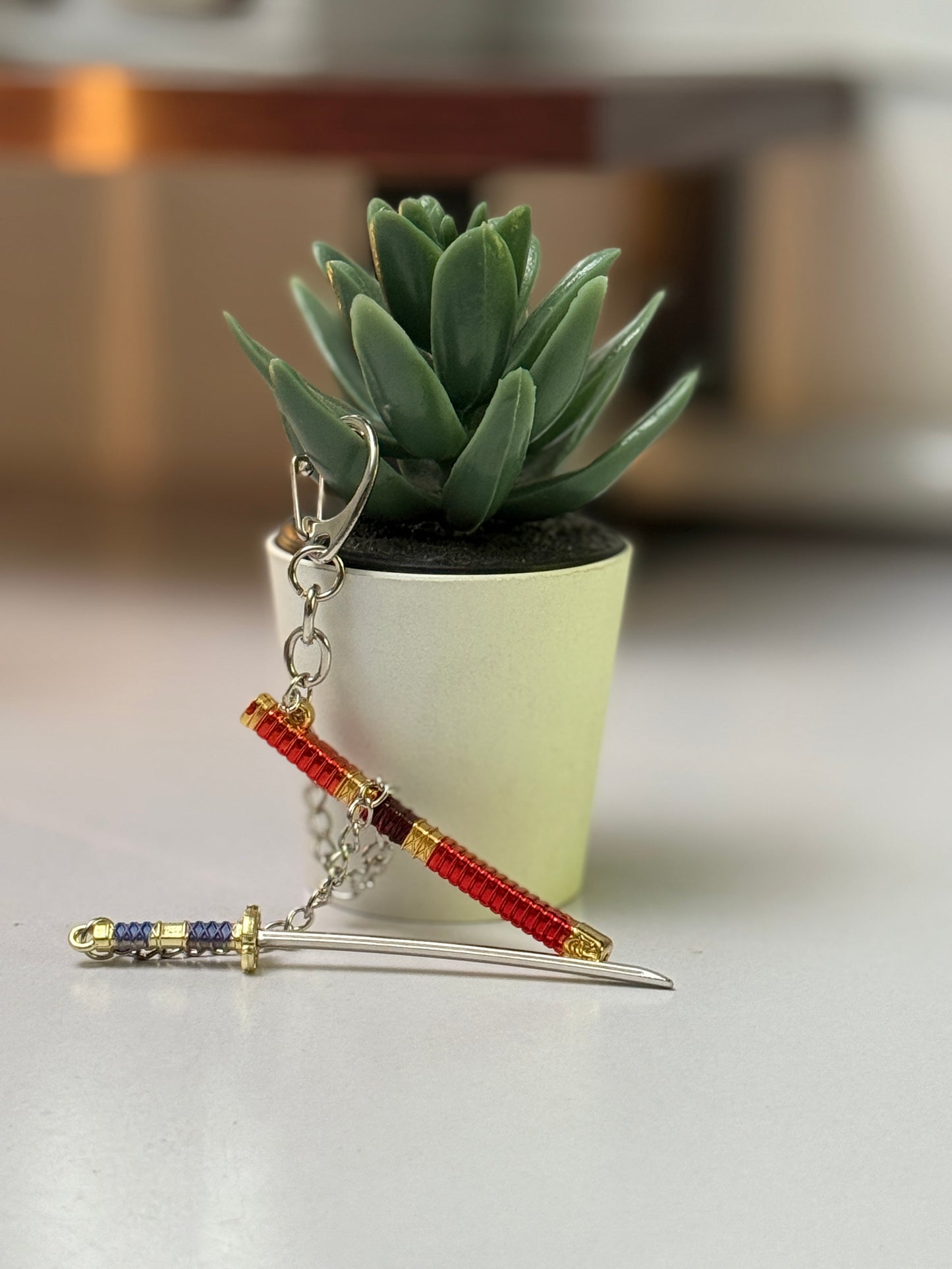 Demon Slayer Tanjiro Kamado Inspired Katana Metal Keychain - Red & Blue Nichirin Sword Keyring