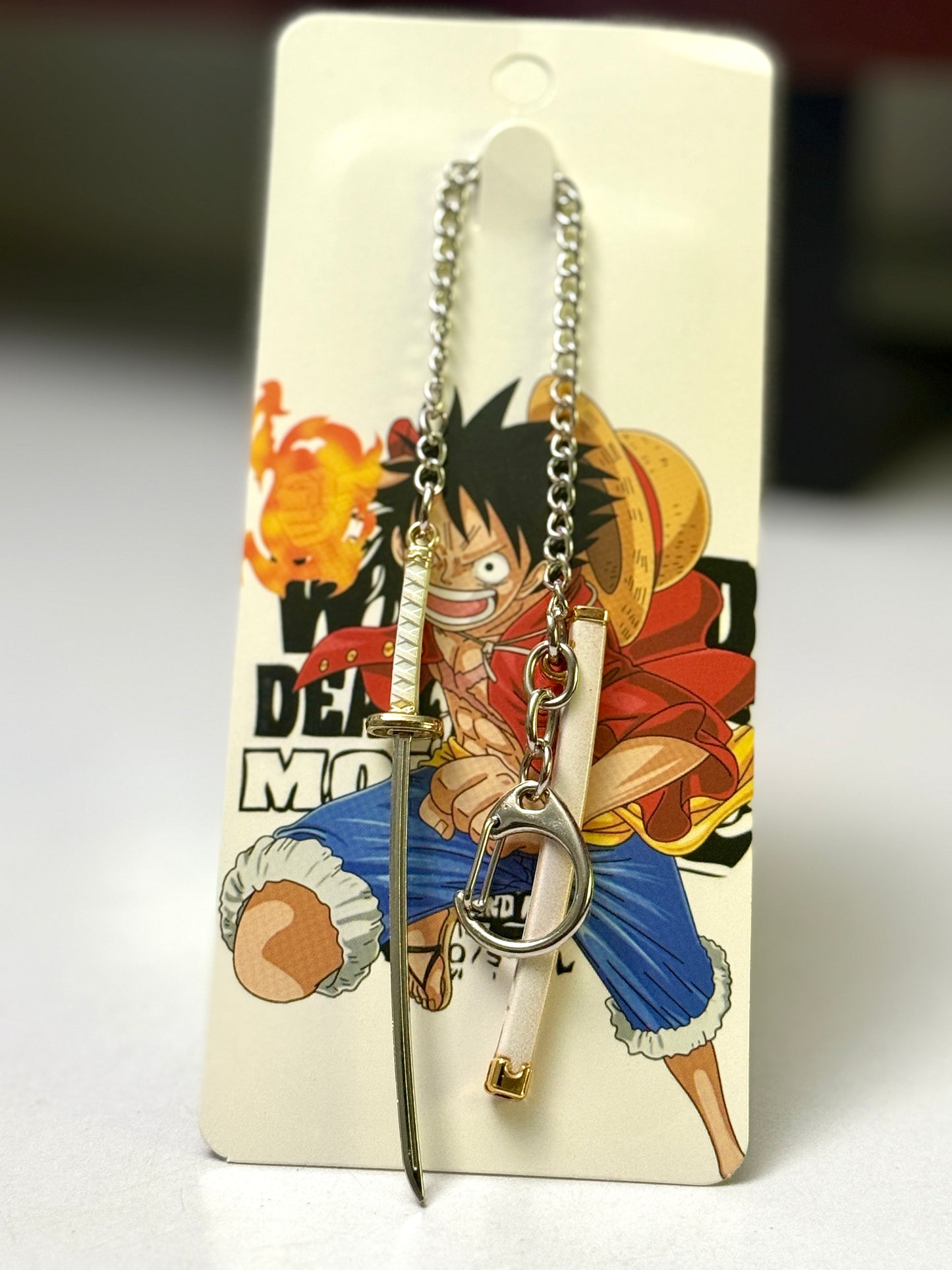 One Piece Monkey D. Luffy Inspired Katana Metal Keychain - White & Gold Anime Sword Keyring