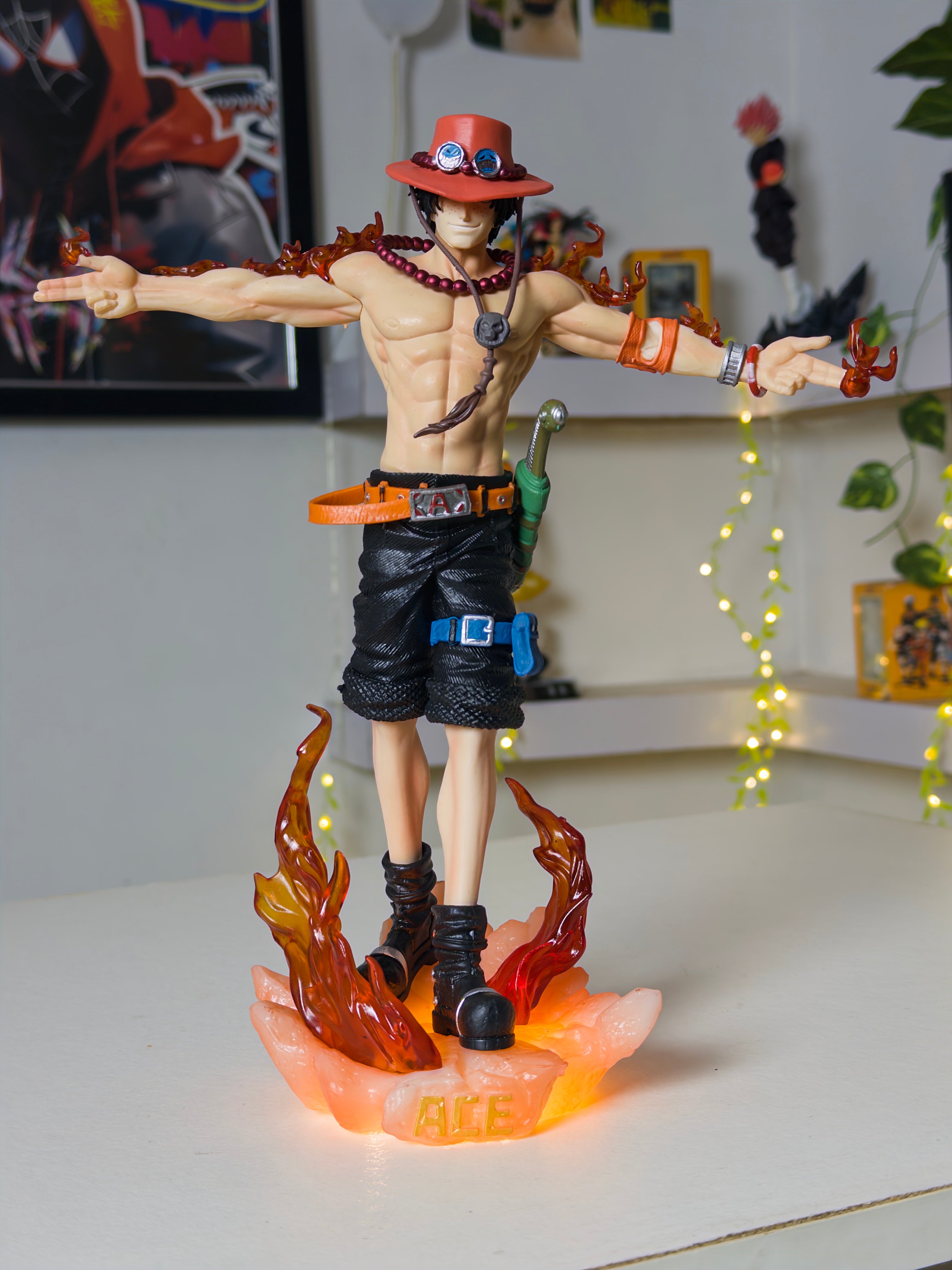One Piece Portgas D. Ace Flame Pose Action Figure with LED Light | Anime Collectible Statue (28 cm)