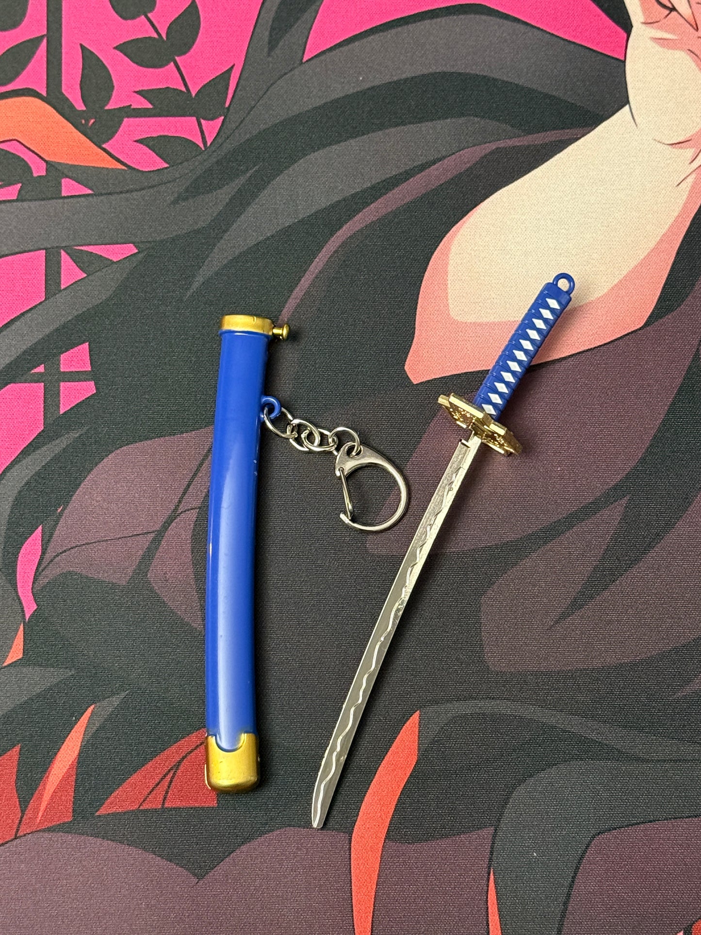 One Piece Roronoa Zoro Inspired Katana Metal Keychain / Mini Collectible - 15cm Blue & Gold Anime Sword