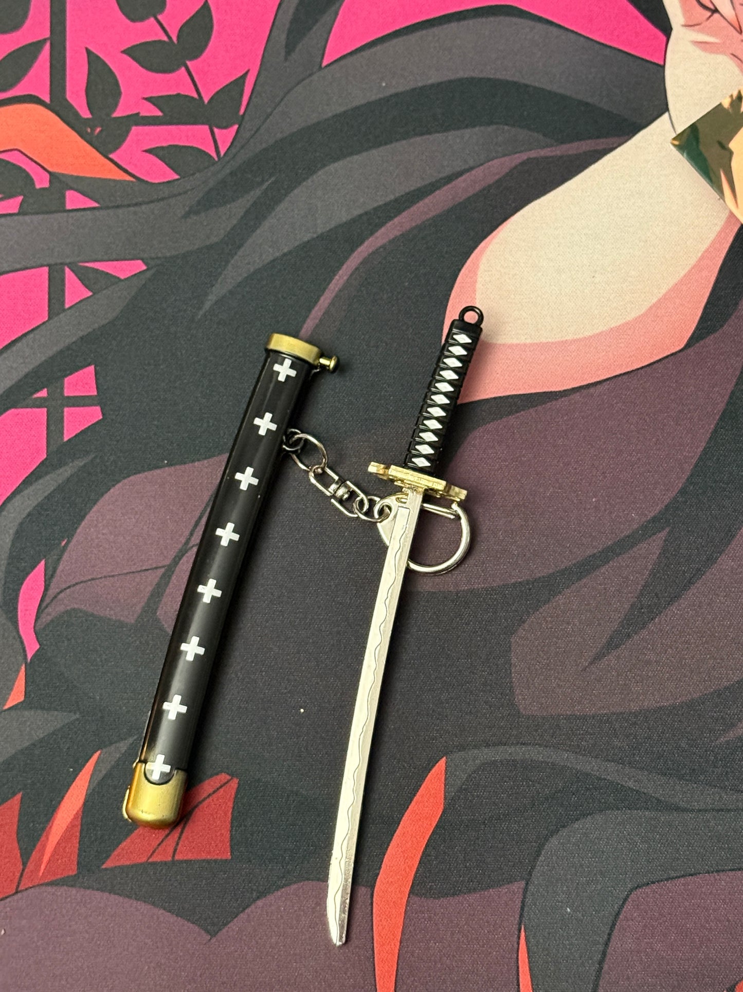 One Piece Trafalgar Law "Kikoku" Inspired Katana Metal Keychain / Mini Collectible - 15cm Black & White Anime Sword