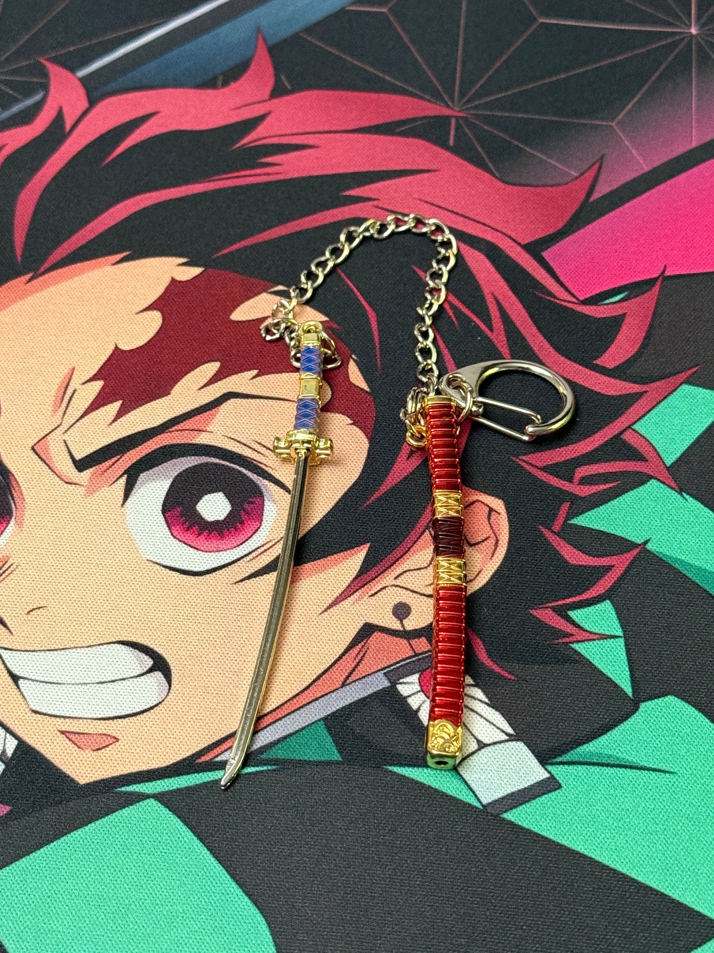 Demon Slayer Tanjiro Kamado Inspired Katana Metal Keychain - Red & Blue Nichirin Sword Keyring