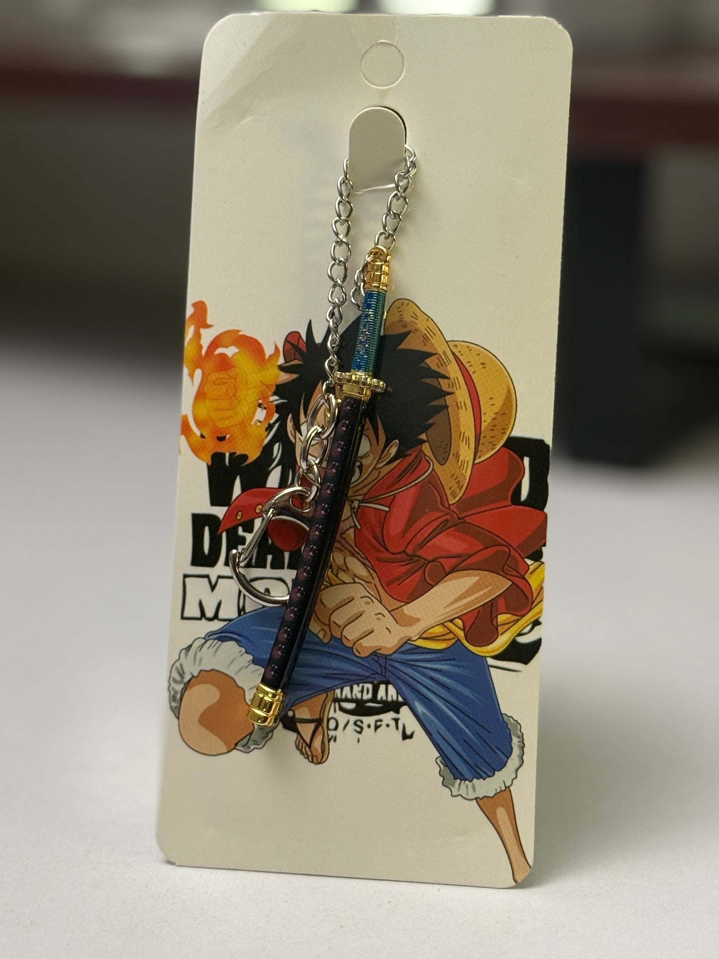 One Piece Monkey D. Luffy Inspired Katana Metal Keychain - Black & Blue Anime Sword Keyring