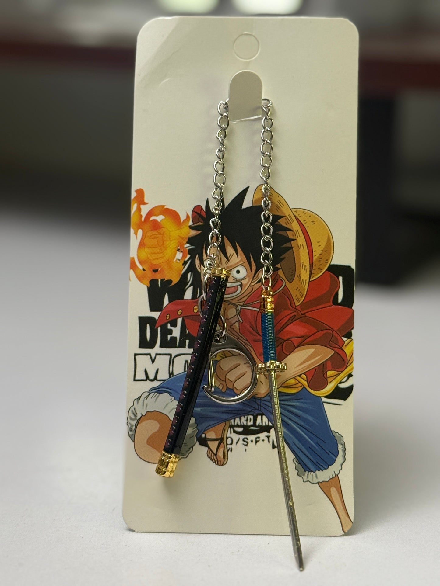 One Piece Monkey D. Luffy Inspired Katana Metal Keychain - Black & Blue Anime Sword Keyring